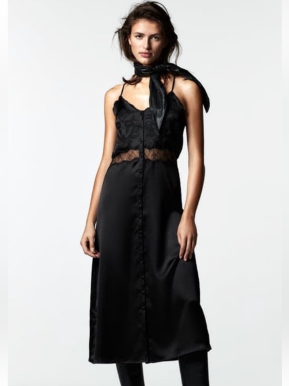 Zara limited edition Black lace slip dress with embroidered trim. xs